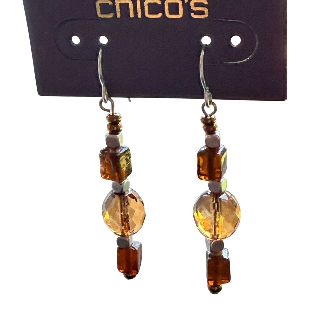 Vintage Chico's Drop Earrings Y2K Beaded Silver Tone Brown Amber Boho Dangle